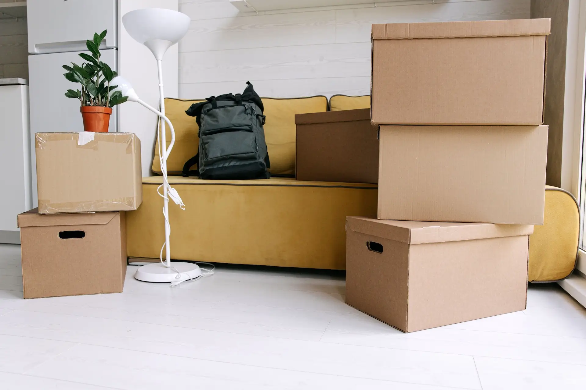 Apartment movers carrying boxes into a Chicago apartment building
