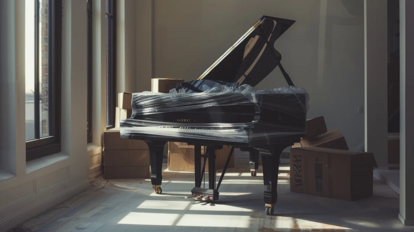 Wrapped grand piano standing among packed moving boxes in a sunlit room