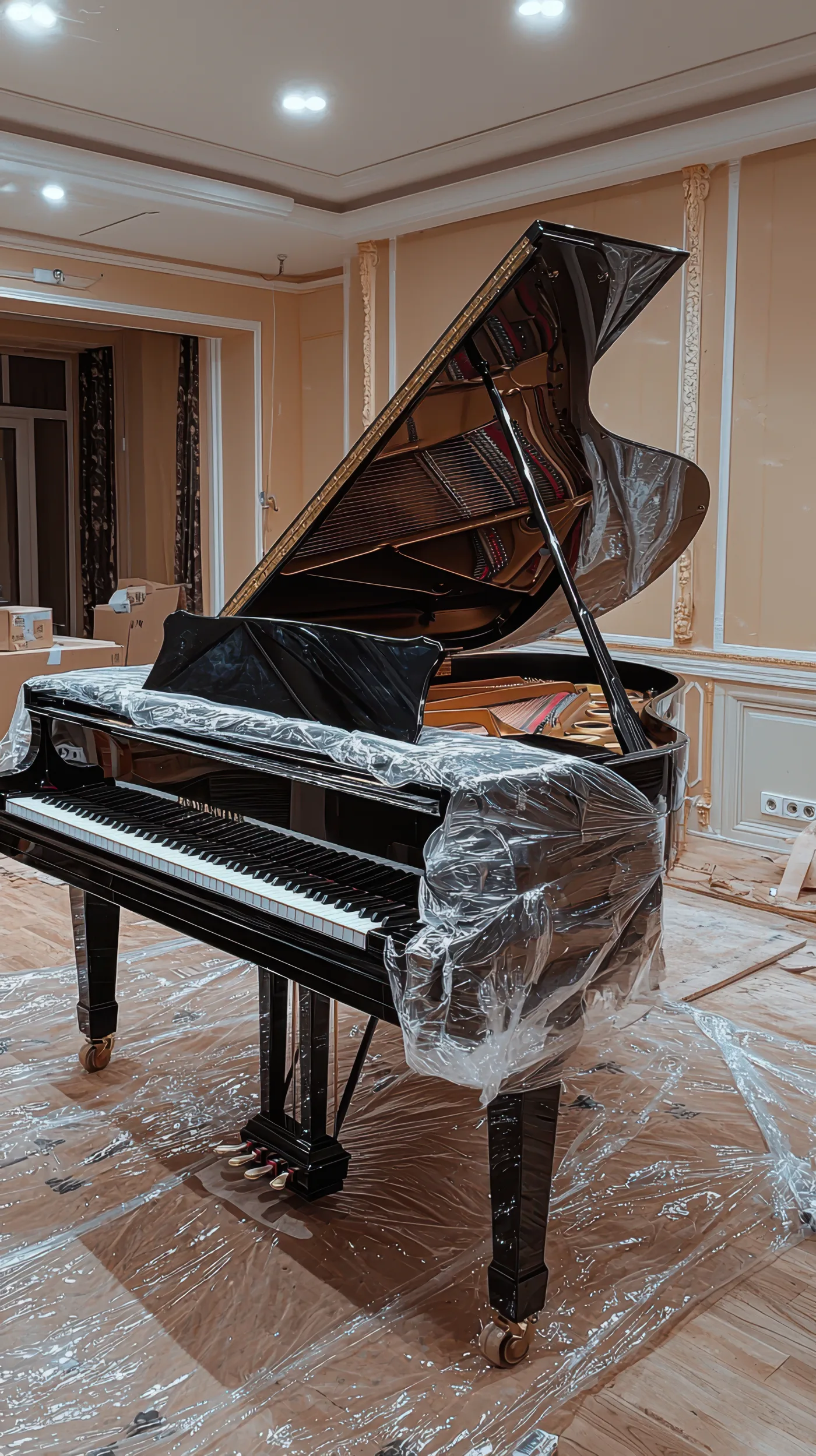 Black grand piano partly wrapped in protective covering, ready to be moved